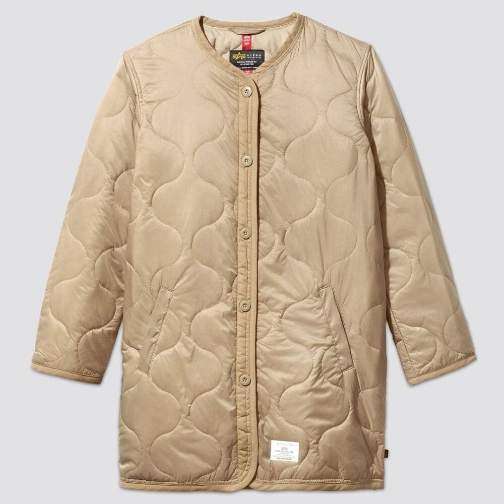NWOT Alpha Industries Long Quilted Liner Jacket in Beige Khaki Tan Camel Size S